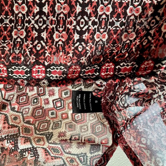 BKE Geo Print Long Tab Sleeve V-Button Down Boho Semi Sheer Peasant Blouse Top S - Picture 7 of 9